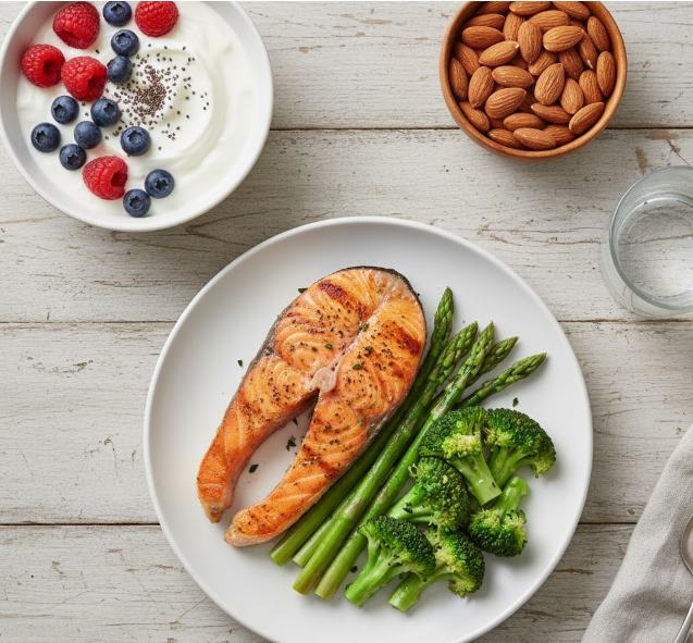 An appetizing flat lay image showcasing a balanced high-protein, low-carb meal with healthy snacks, promoting a nutritious diet.