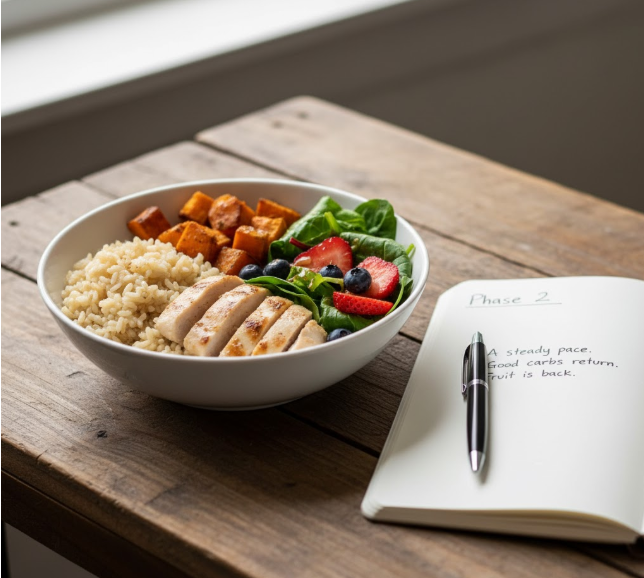 An inspiring image of a balanced meal for Phase 2 of a diet program, featuring good carbs and fruits, signifying sustainable progress and healthy eating habits.