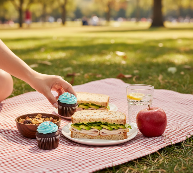 An uplifting image of a balanced picnic spread, symbolizing the freedom and flexibility of a sustainable maintenance phase after a diet, allowing for both healthy choices and occasional treats.