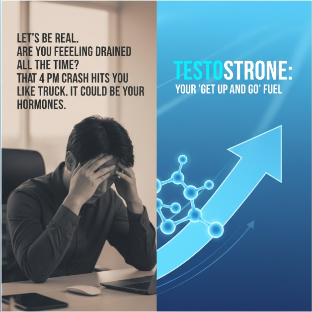 man experiencing fatigue at his desk, contrasted with a vibrant graphic illustrating testosterone as a fuel for energy.