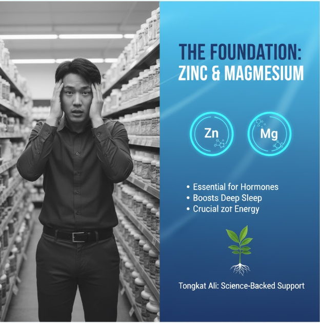 man looking overwhelmed in a supplement store aisle, contrasted with a graphic highlighting Zinc and Magnesium as foundational elements for health, alongside Tongkat Ali for support.