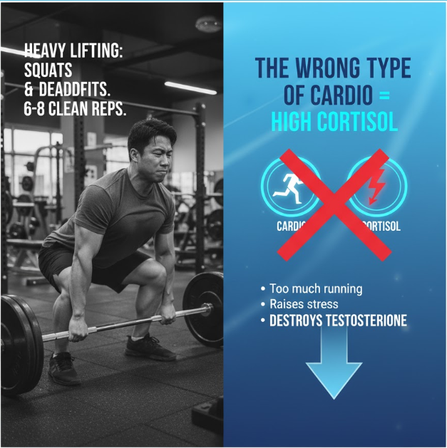 man performing a heavy deadlift in a gym, contrasted with a graphic explaining how excessive cardio can lead to high cortisol levels, which negatively impacts testosterone.