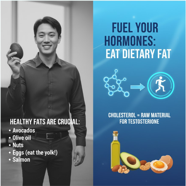 A vibrant display of healthy fats like avocados, salmon, eggs, and nuts, contrasted with a graphic illustrating how cholesterol from these foods builds testosterone.