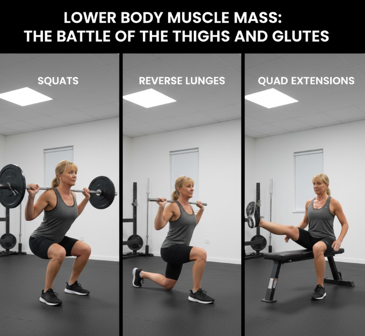 A fitness poster illustrating three lower body exercises—squats, reverse lunges, and quad extensions—to highlight the importance of lower body muscle mass.