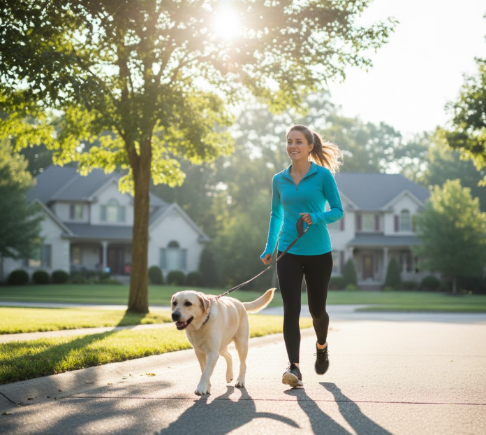 An energetic woman and her Labrador Retriever enjoy a brisk, fast-paced "Dog Walk Workout" on a sunny morning.