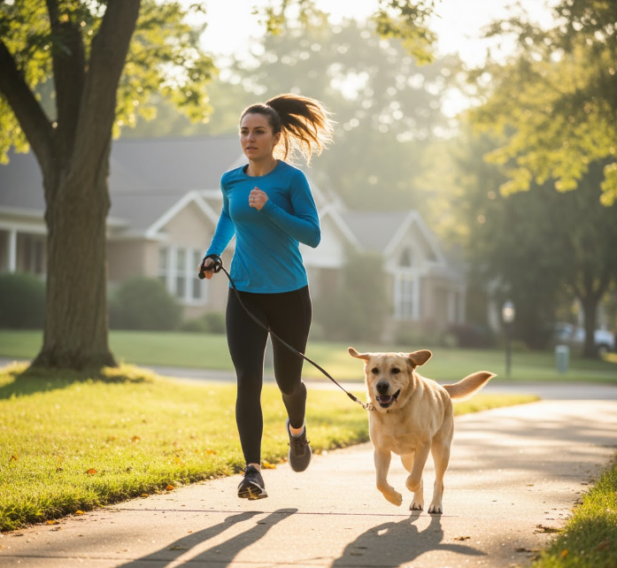 woman and her Labrador Retriever sprint together during a high-intensity interval dog walk workout