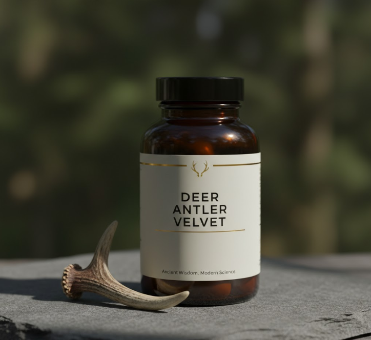 commercial product shot of a Deer Antler Velvet supplement bottle