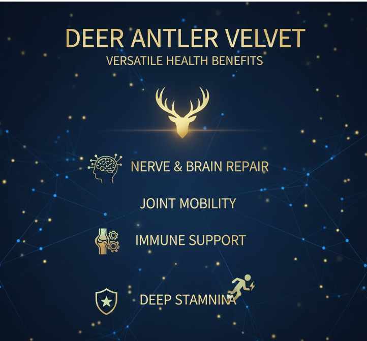 An infographic poster highlighting the multiple scientifically-backed health benefits of Deer Antler Velvet