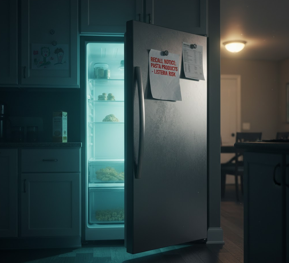 Alt text: A refrigerator door, representing the hidden danger of the Listeria outbreak in recalled pasta.