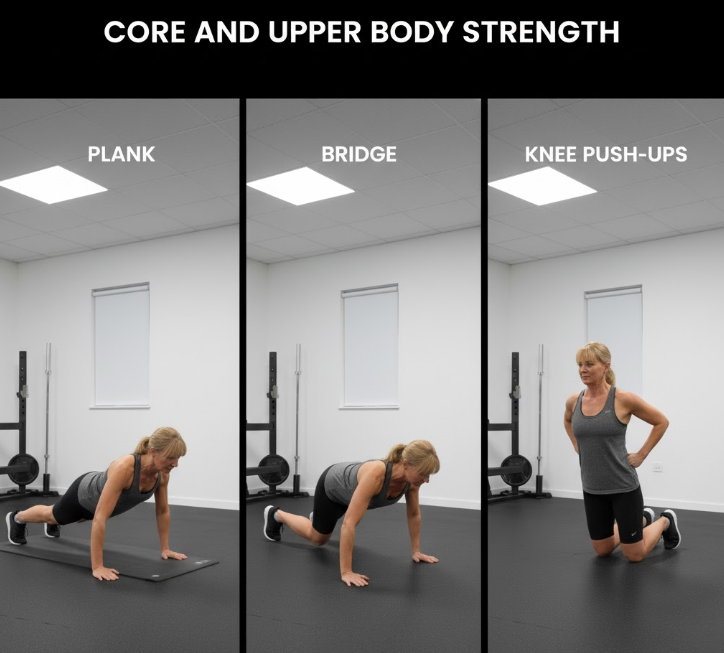 A fitness poster illustrating three exercises—plank, bridge, and knee push-ups—to highlight core and upper body strength.