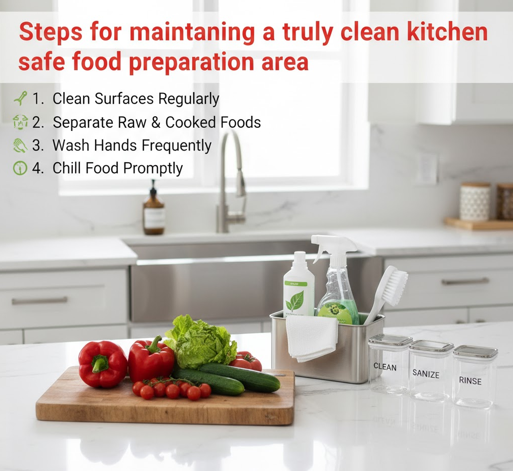 Steps for maintaining a truly clean kitchen and safe food preparation area.