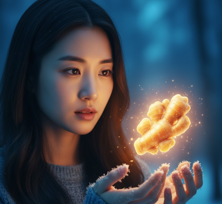A visually striking image of a Korean woman with "frozen" hands, symbolizing poor circulation, with a vibrant piece of ginger appearing as a metaphorical savior.