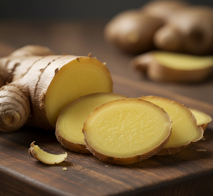 Fresh ginger root sliced on a wooden cutting board, highlighting the source of the amazing benefits of ginger.