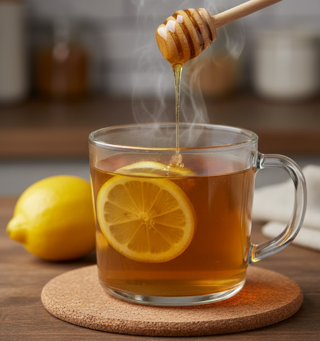 A clear mug of hot ginger tea with a lemon slice and honey.