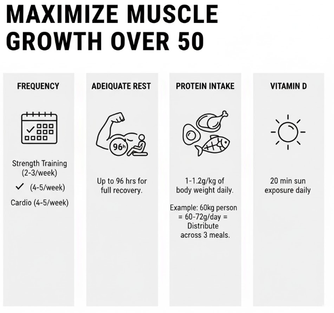 A minimalist poster detailing key factors for maximizing muscle growth over 50, including frequency, rest, protein intake, and Vitamin D.