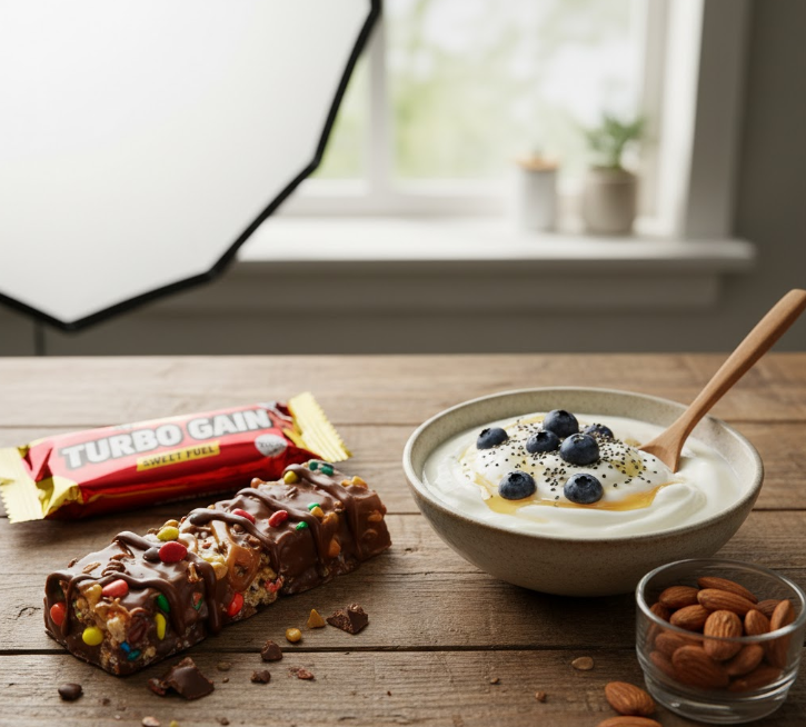 Image comparing a sugary protein bar to a healthy high-protein snack like Greek yogurt