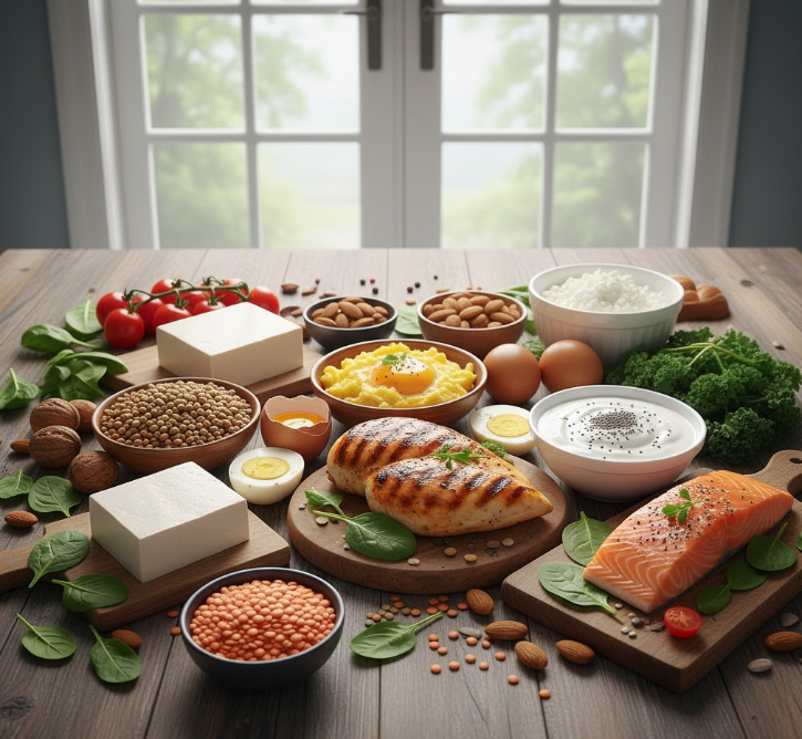 Image collage showing a variety of high-protein low-calorie ingredients like chicken, eggs, and lentils