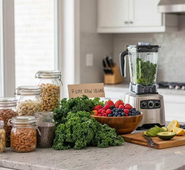 Meal prep for the 7-Day Raw Food Veganing Strategy, showing Vegan and Raw Vegan staples like soaked nuts and fresh produce.