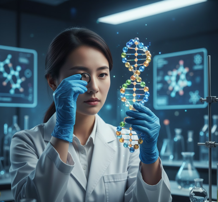Scientist in a lab coat examining a DNA plasmid model