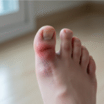 A close-up shot of a woman suffering from bunion pain on her big toe, showing redness and a deformed toe.