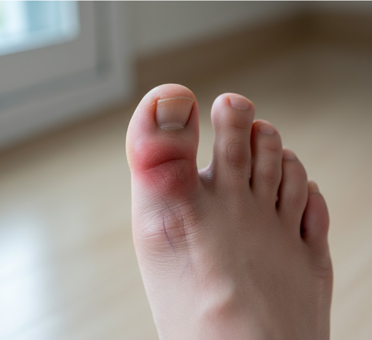A close-up shot of a  woman suffering from bunion pain on her big toe, showing redness and a deformed toe.