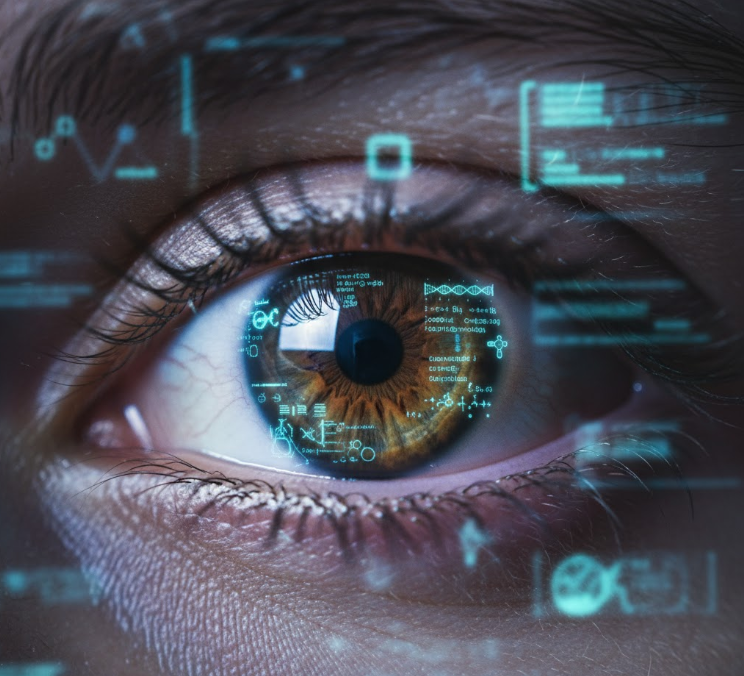 Close-up of a human eye looking thoughtful, reflecting data