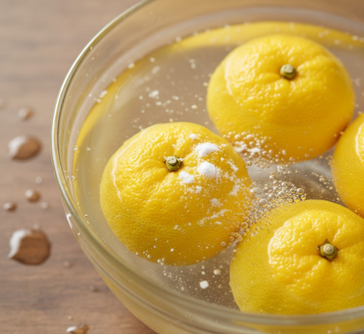 Fresh yuzu fruits soaking in a bowl of water and baking soda, ready to be scrubbed.