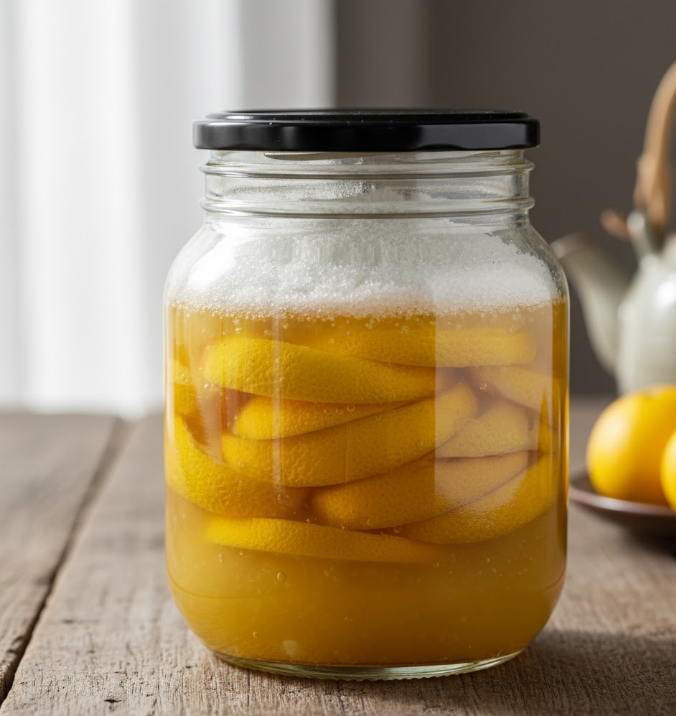 Finished Citron Cheong layered in a sterilized glass jar with a final protective layer of sugar on top.