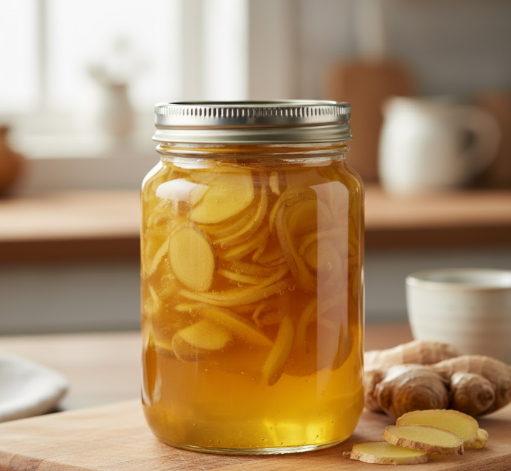 Golden Korean Ginger Cheong in a clear glass jar, showing thinly sliced ginger pieces