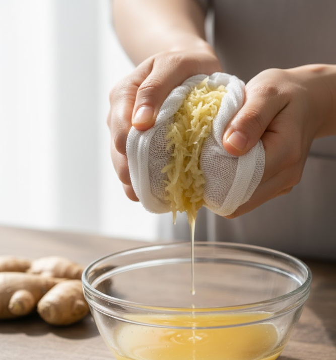 Step-by-step process of squeezing ginger juice through a cheesecloth, showing the raw ginger pulp