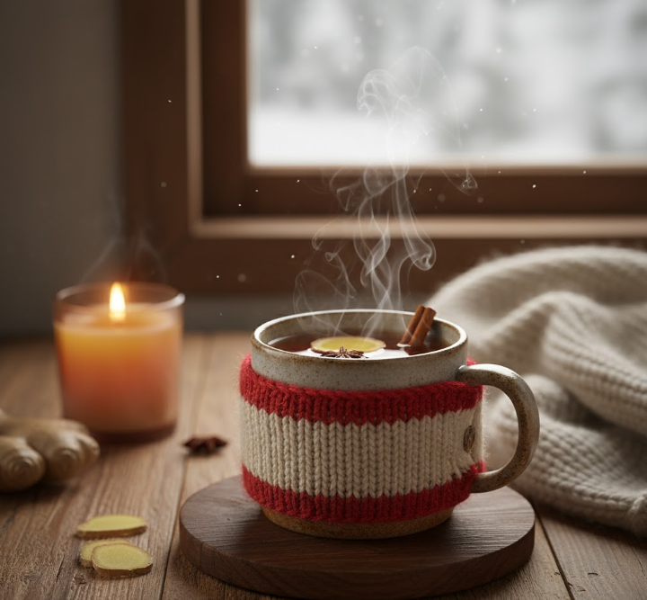 A cozy mug of warm ginger cheong tea, perfect for cold weather and winter wellness