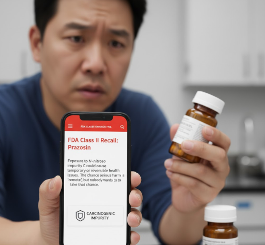 man holds up his phone displaying an FDA Class II Prazosin Recall notice for a carcinogenic impurity, while also holding a medicine bottle and looking concerned. A