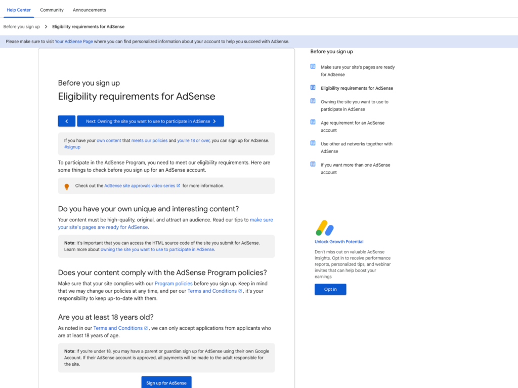 Eligibility requirements for AdSense