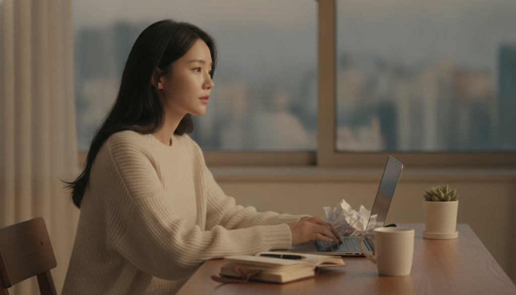새벽에 노트북을 보며 낮은 조회수로 블로그 포기를 고민하는 직장인