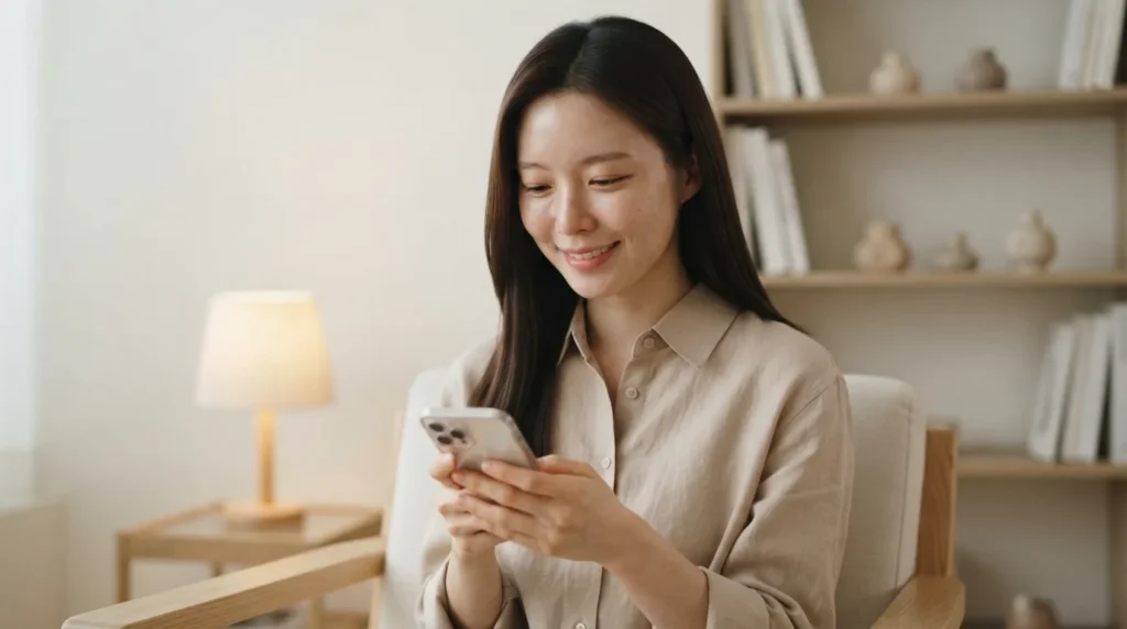 방 안에서 스마트폰을 보며 웃음 지으며 독자들과 소통하고 블로그 운영하는 여성