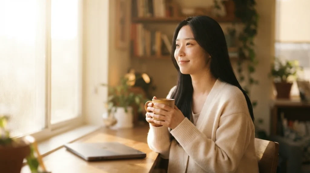햇살이 비치는 창가에서 컵을 들고 미소 짓는 여성과 닫힌 노트북