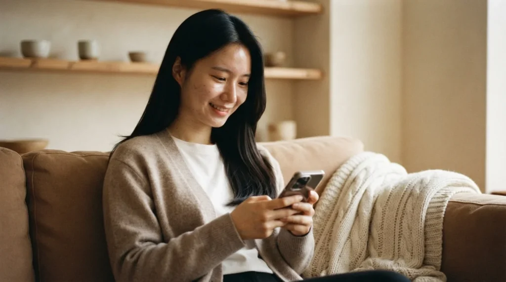 소파에 편하게 앉아 스마트폰으로 블로그 글을 읽으며 웃는 여성