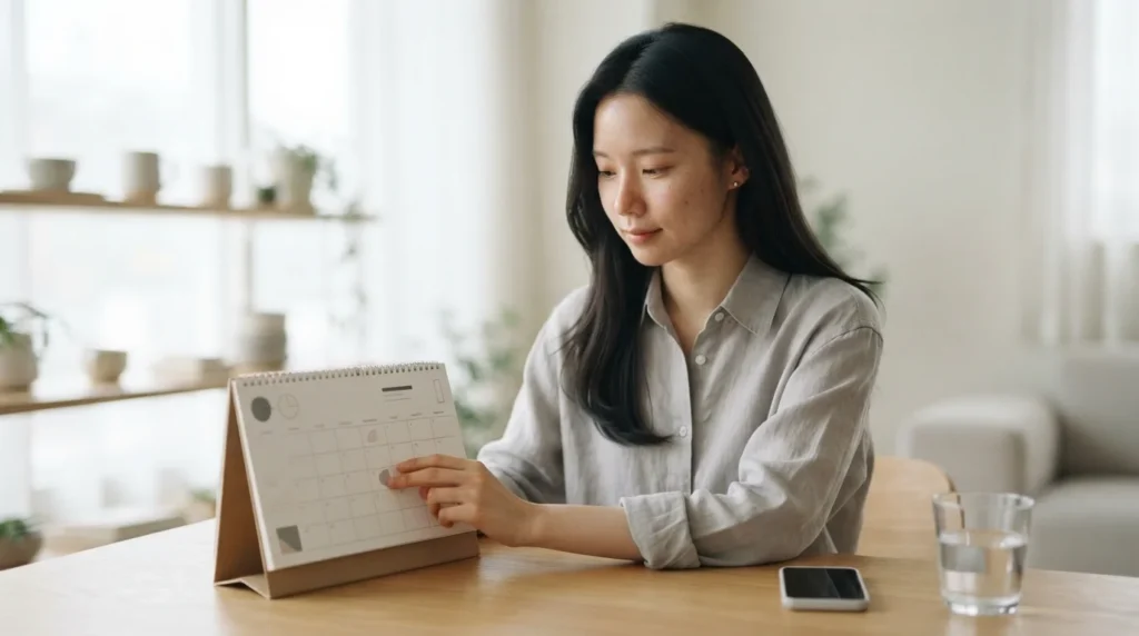 탁상달력의 날짜를 손가락으로 가리키는 여성, 재산세 카드납부 기한.