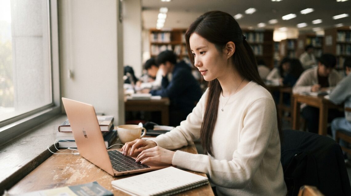 도서관에서 노트북으로 자료를 찾으며 구글 SEO 최적화 글을 쓰는 여성