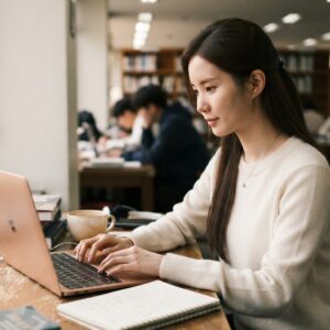 도서관에서 노트북으로 자료를 찾으며 구글 SEO 최적화 글을 쓰는 여성
