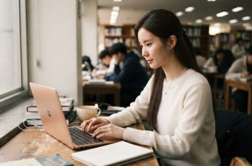 도서관에서 노트북으로 자료를 찾으며 구글 SEO 최적화 글을 쓰는 여성