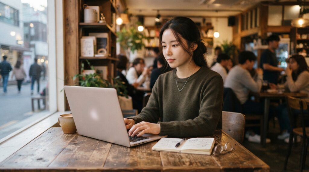아늑한 카페에서 노트북으로 구글 SEO 데이터 지표를 확인하는 여성