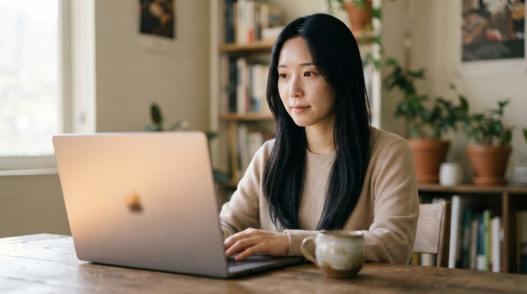 노트북 화면을 응시하며 구글 색인 생성 안됨 원인을 분석하는 여성
