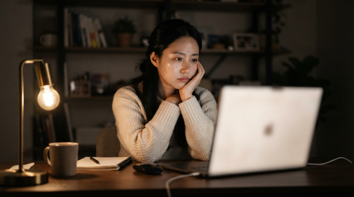 밤에 스탠드를 켜고 노트북을 보며 고민하는 여성의 구글 SEO 걱정
