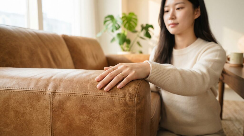 가죽 소파를 만지는 여성의 모습으로 틈새 브랜드의 콘텐츠 성공 사례를 나타냅니다.