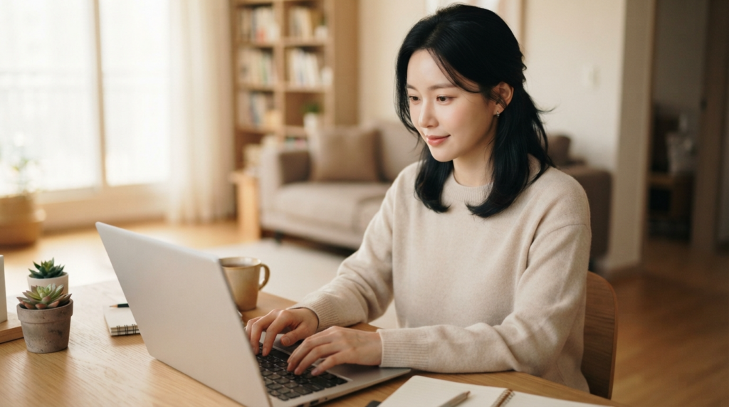 노트북으로 글을 쓰며 Semantic SEO란 개념을 블로그에 적용하는 여성