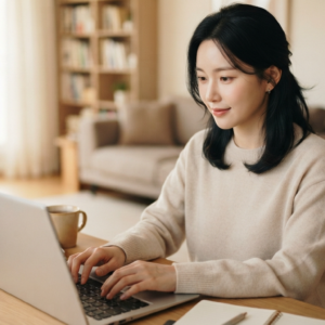 창가 책상에서 노트북을 사용해 Semantic SEO란 맥락을 분석하는 여성