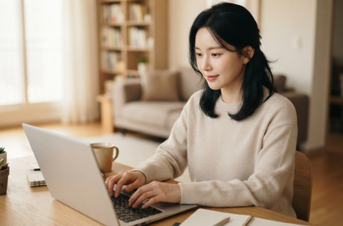 창가 책상에서 노트북을 사용해 Semantic SEO란 맥락을 분석하는 여성