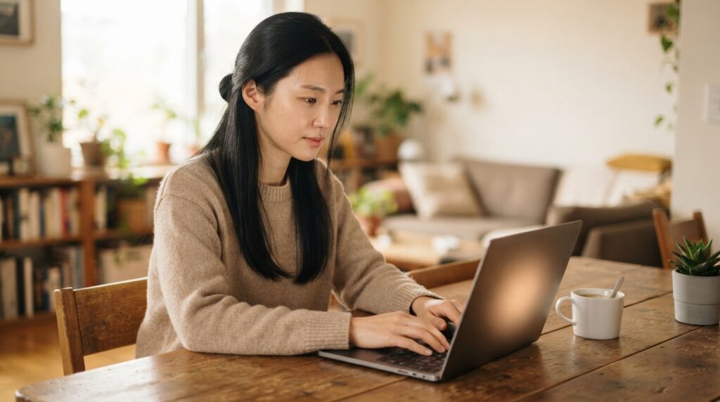 노트북을 사용하는 여성의 모습으로 Topical Authority는 무엇인가 단계별로 실천합니다.