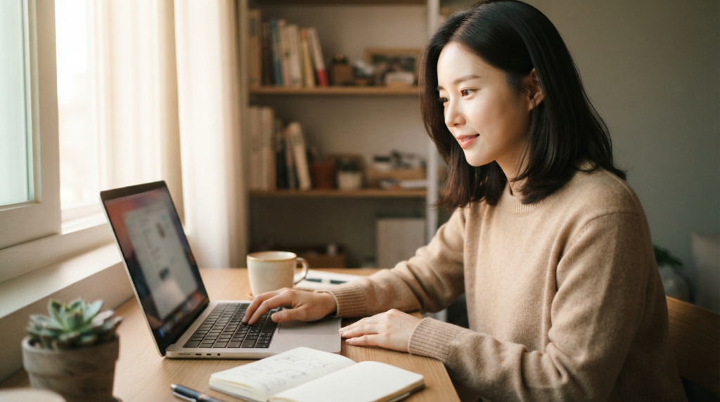 창가 책상에서 노트북을 사용해 Semantic SEO란 맥락을 분석하는 여성